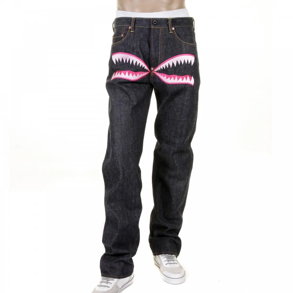 Mens Indigo Slim Fit Raw Denim Jeans with Super Exclusive Pink Camo Plane Design