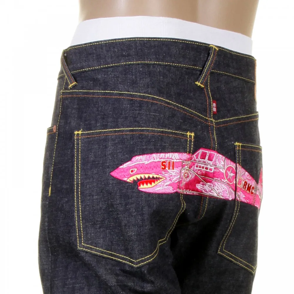 Mens Indigo Slim Fit Raw Denim Jeans with Super Exclusive Pink Camo Plane Design