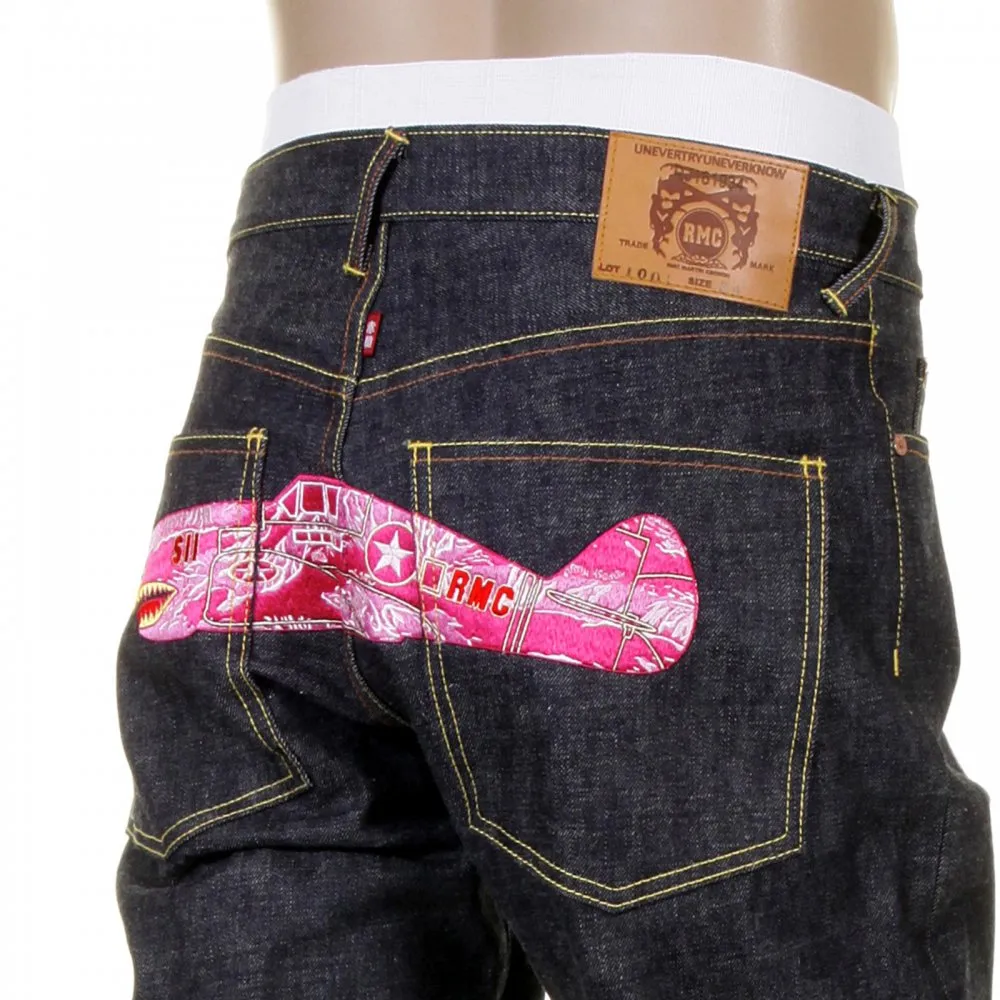 Mens Indigo Slim Fit Raw Denim Jeans with Super Exclusive Pink Camo Plane Design