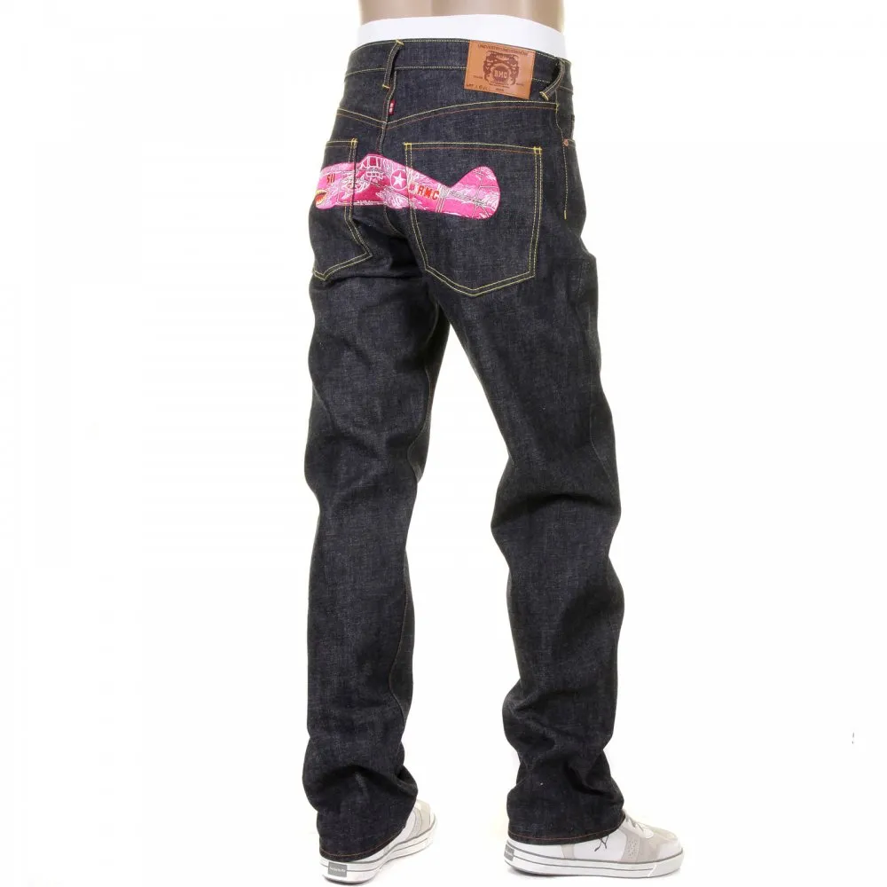 Mens Indigo Slim Fit Raw Denim Jeans with Super Exclusive Pink Camo Plane Design