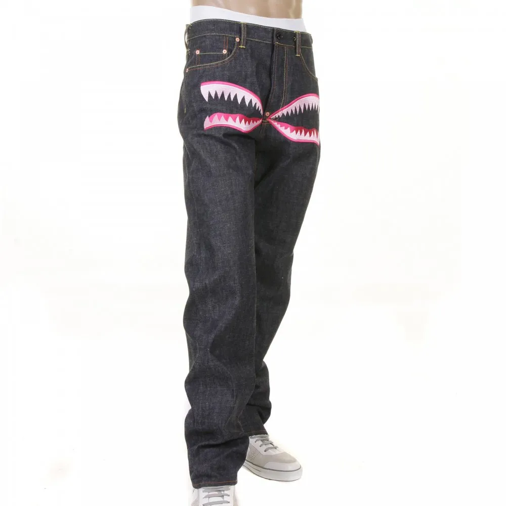 Mens Indigo Slim Fit Raw Denim Jeans with Super Exclusive Pink Camo Plane Design