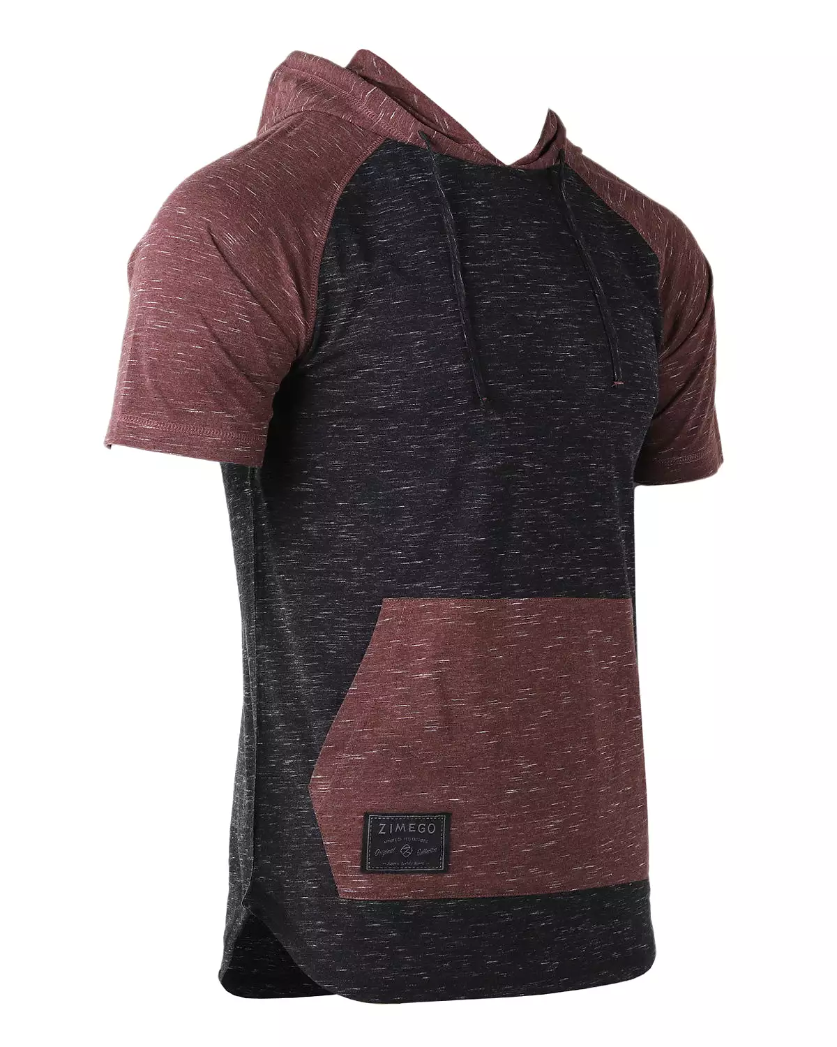 Men's Short Sleeve Color Block Raglan Hoodie With Curved Hem Black/Maroon