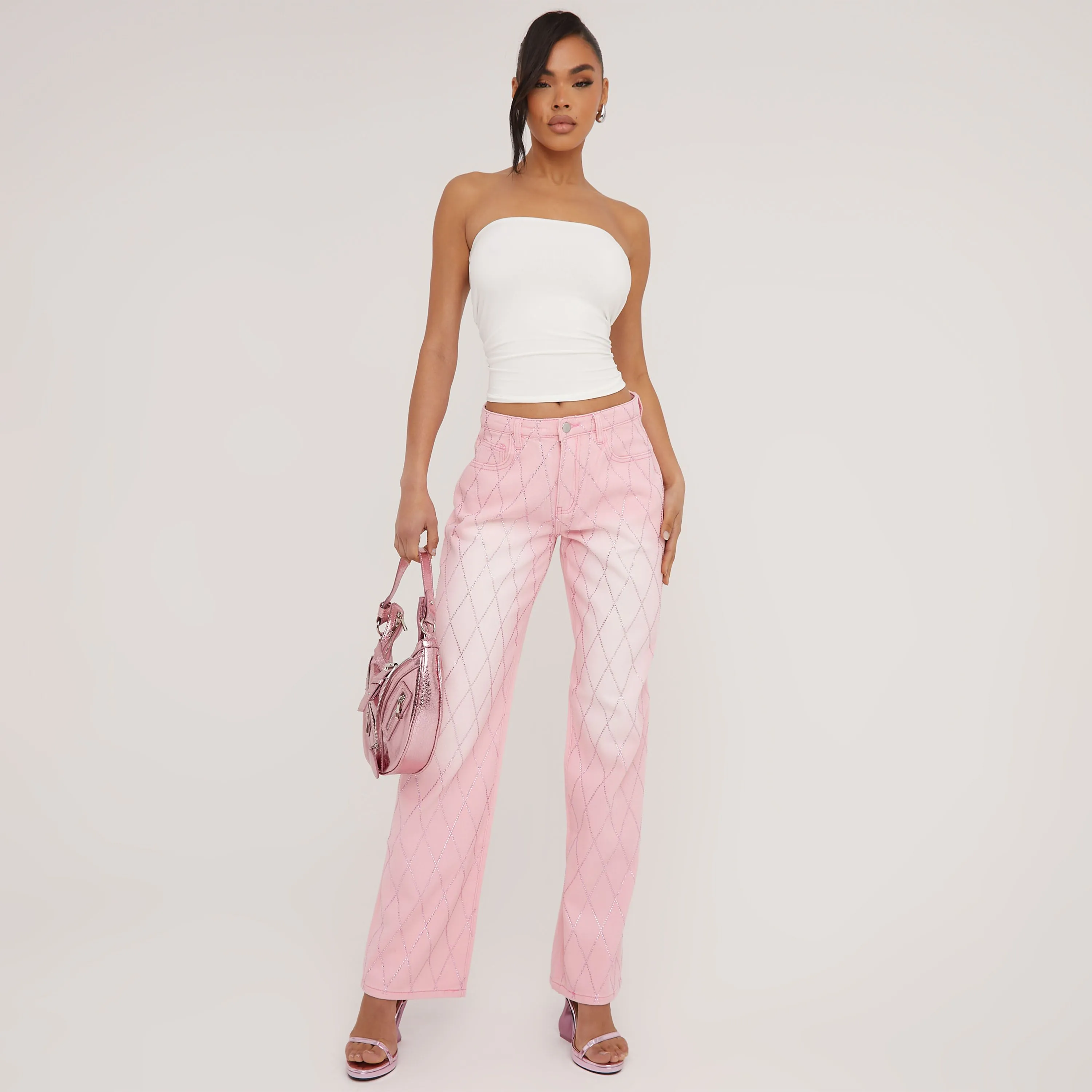 Mid Rise Diamante Detail Wide Leg Jeans In Washed Pink Denim