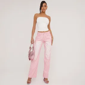 Mid Rise Diamante Detail Wide Leg Jeans In Washed Pink Denim