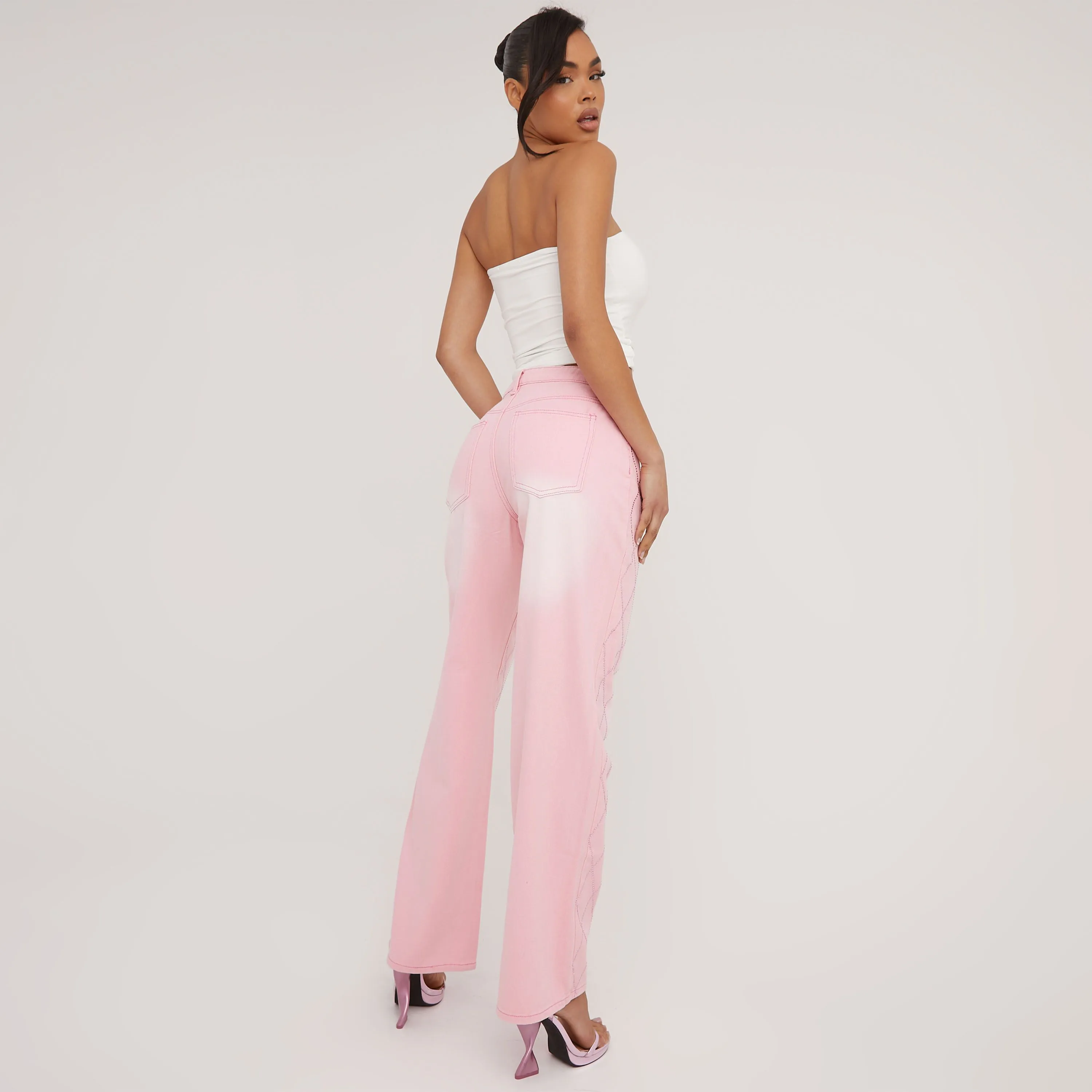 Mid Rise Diamante Detail Wide Leg Jeans In Washed Pink Denim