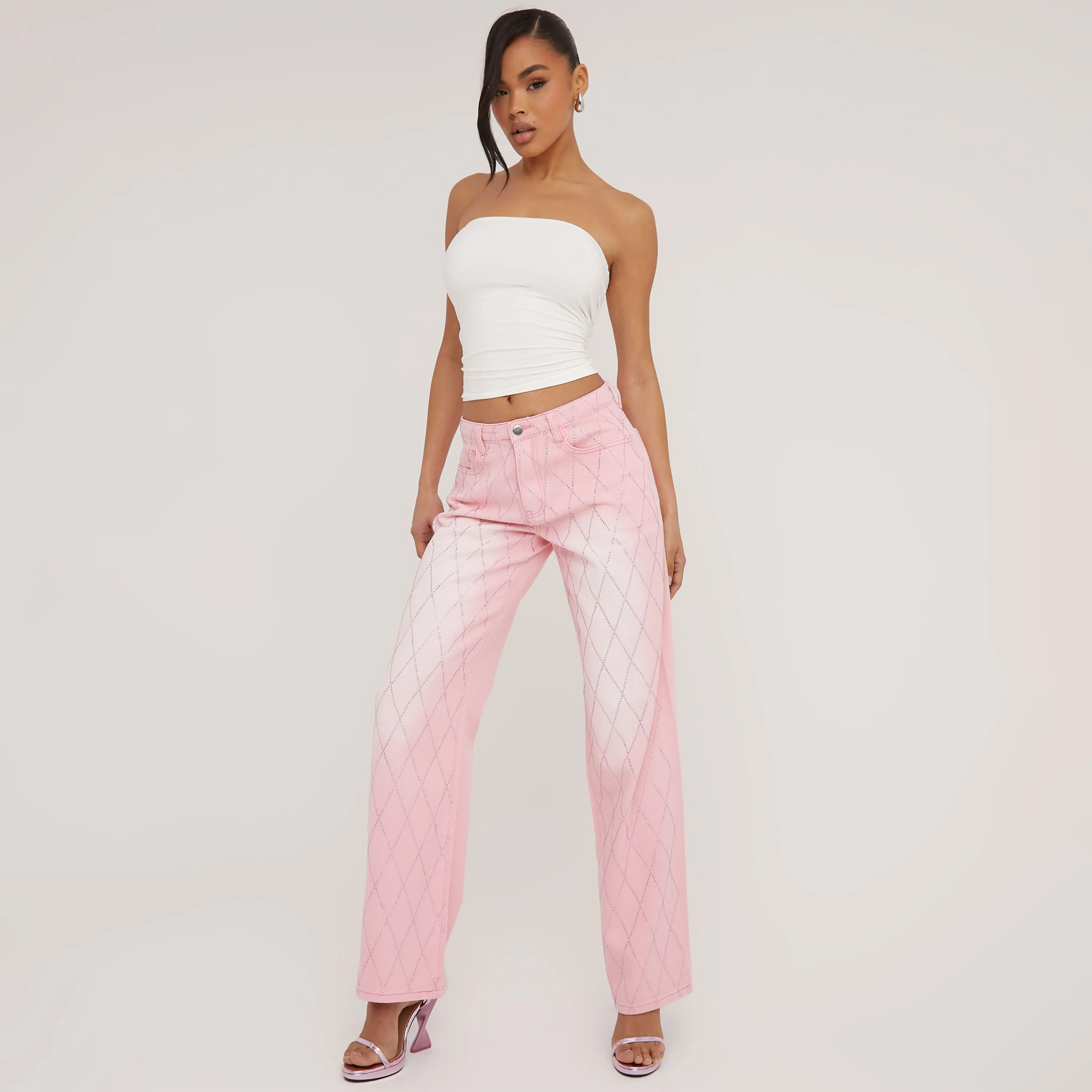 Mid Rise Diamante Detail Wide Leg Jeans In Washed Pink Denim