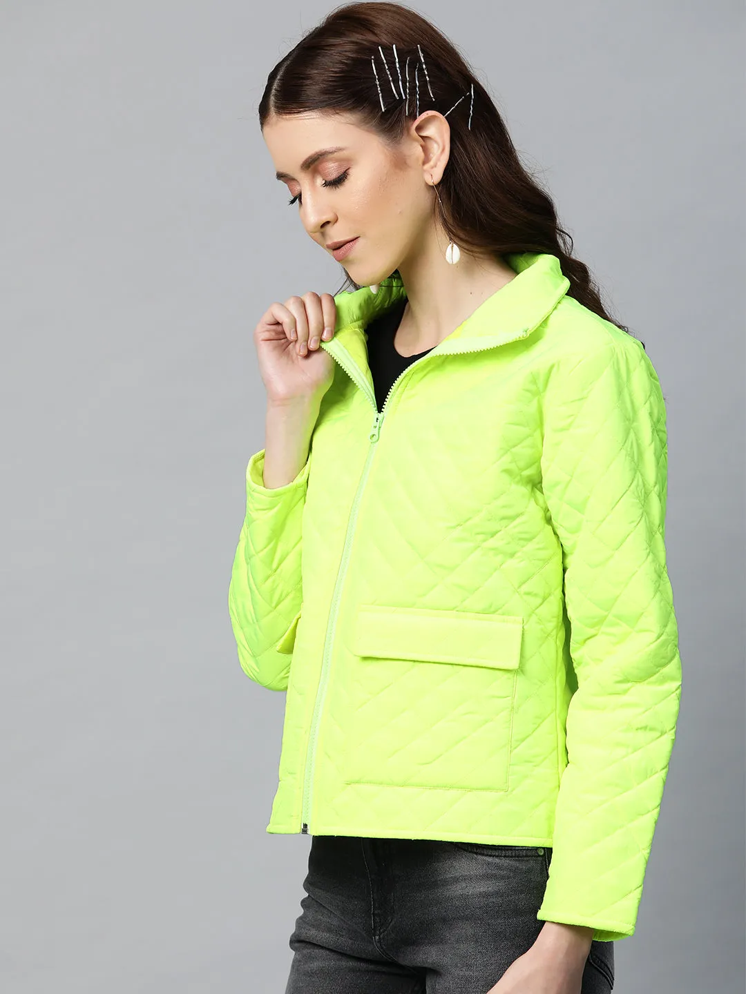 Neon Green Flap Pockets Quilted Puffer Jacket