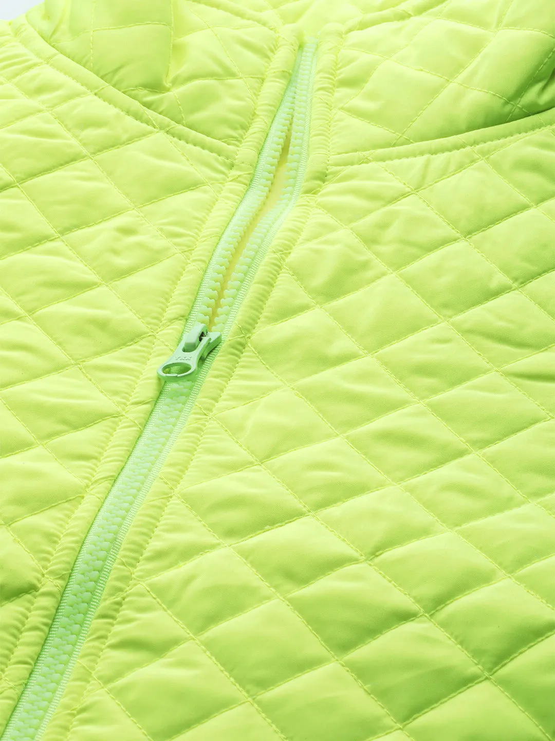 Neon Green Flap Pockets Quilted Puffer Jacket