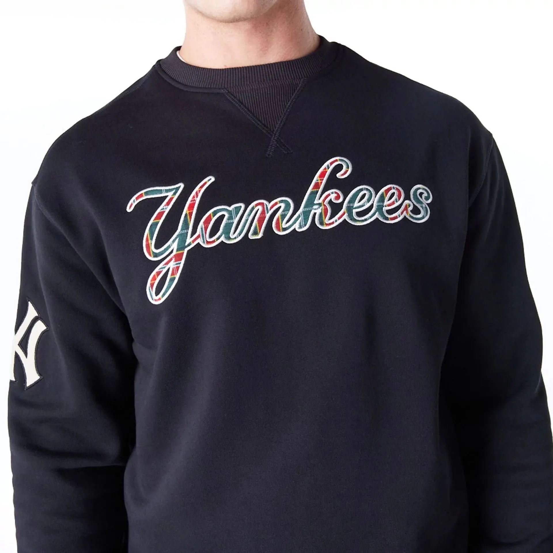 New York Yankees MLB Tartan Infill Black Crew Neck Sweater