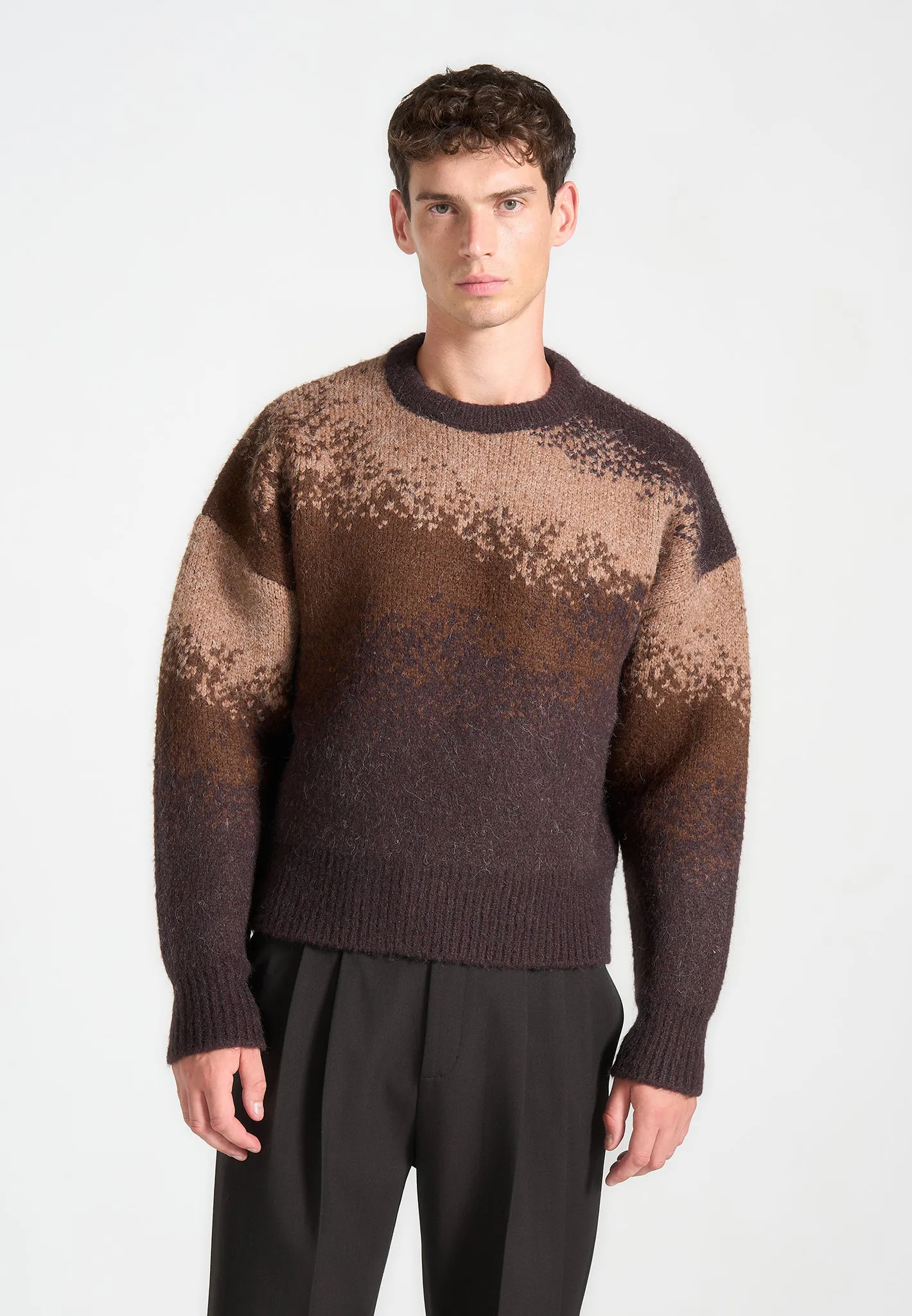 Ombré Knit Crewneck Sweater - Brown