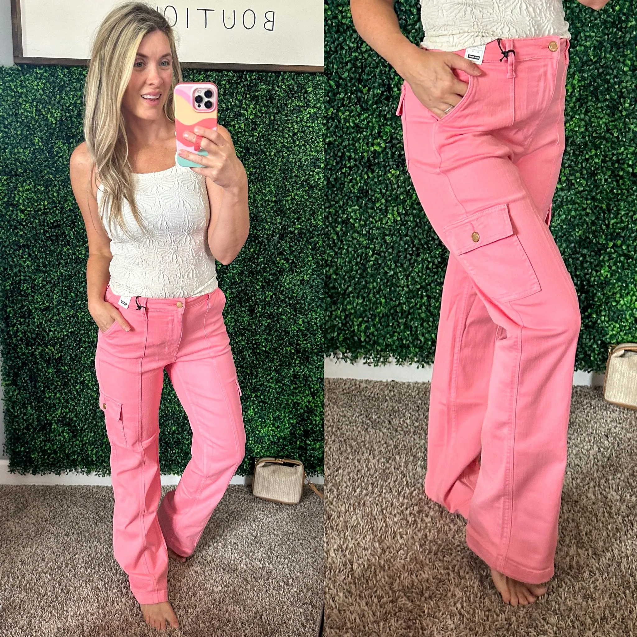 Peggy High Rise Cargo Straight Jeans in Pink