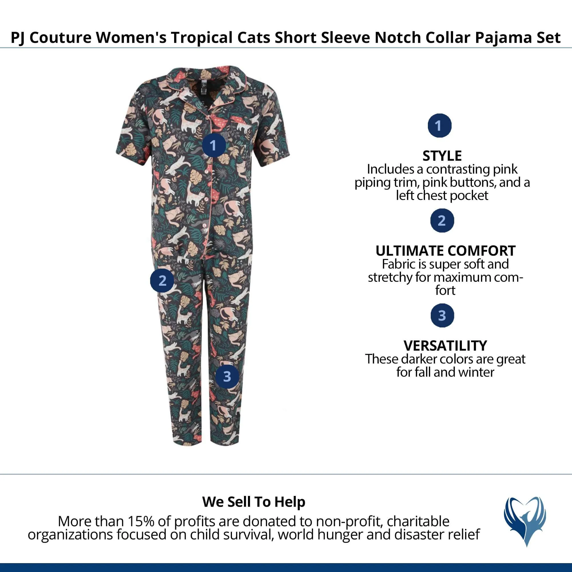 PJ Couture Women's Tropical Cats Short Sleeve Notch Collar Pajama Set