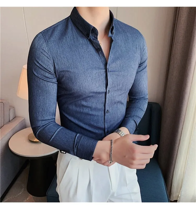 Plus Size Luxury Gentlemen Stretched Slim Fit Casual Shirt for Men