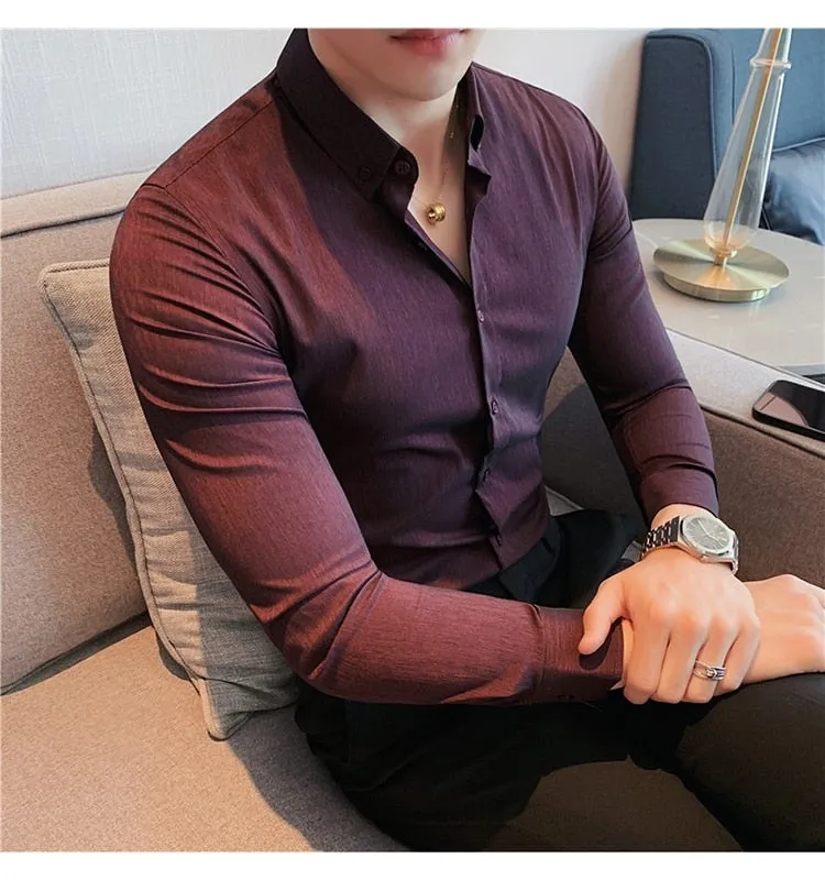 Plus Size Luxury Gentlemen Stretched Slim Fit Casual Shirt for Men