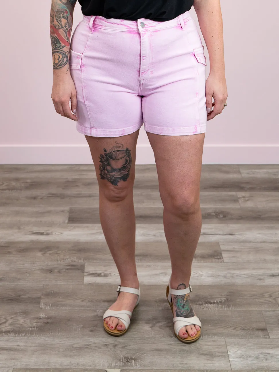 Risen Jeans | High Rise | Pink Acid Wash Cargo SHORTS | Micah