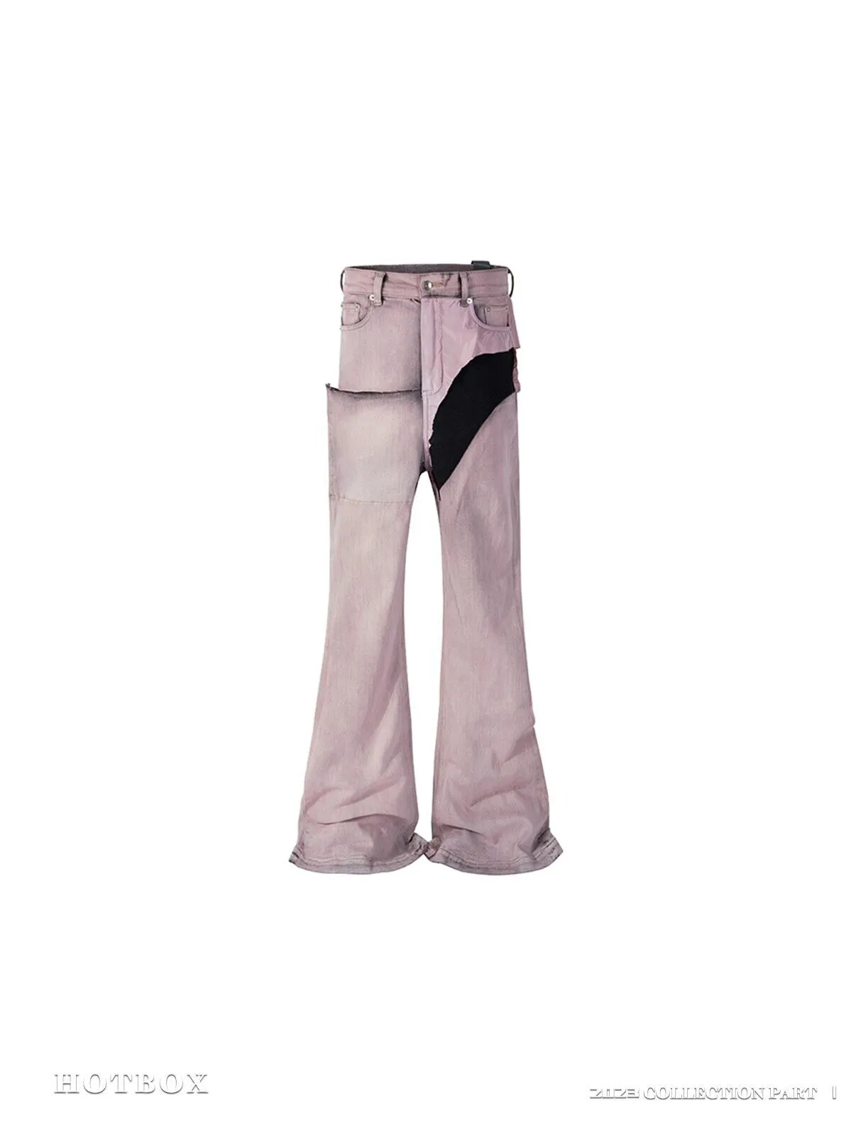 RO Rick Owens Pink Patchwork Coating Slim Flared High Street Distressed Washed Denim Jeans