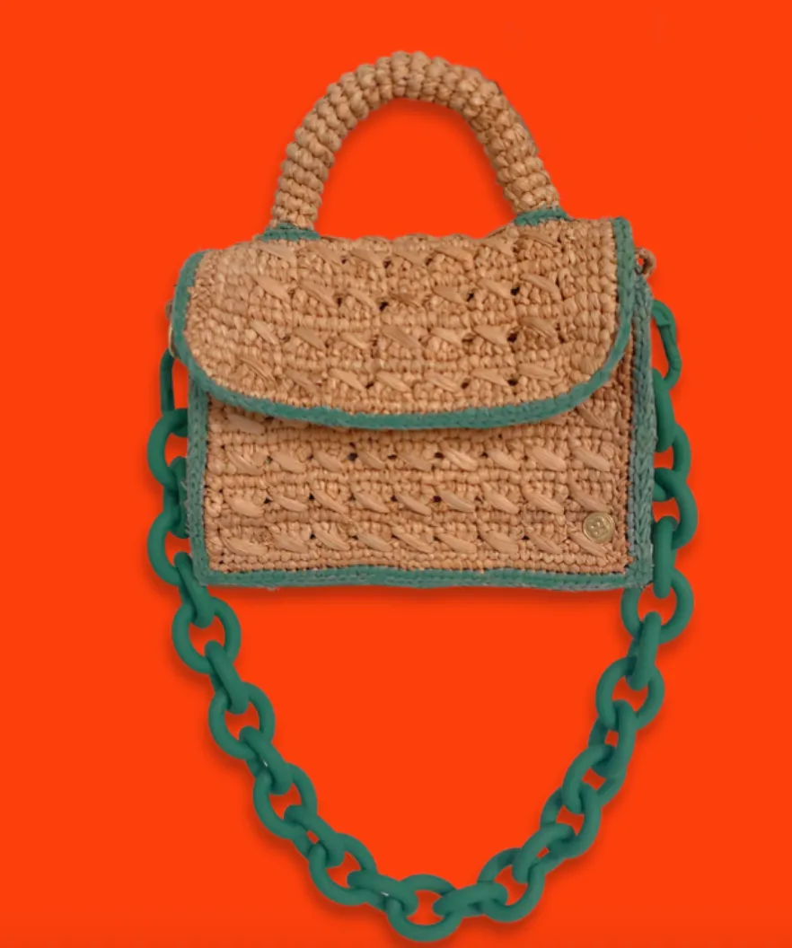 Sanabay Mini Raffia Bag Felicie With Green Metallic Chain & Crocheted Strap - Papaya & Green