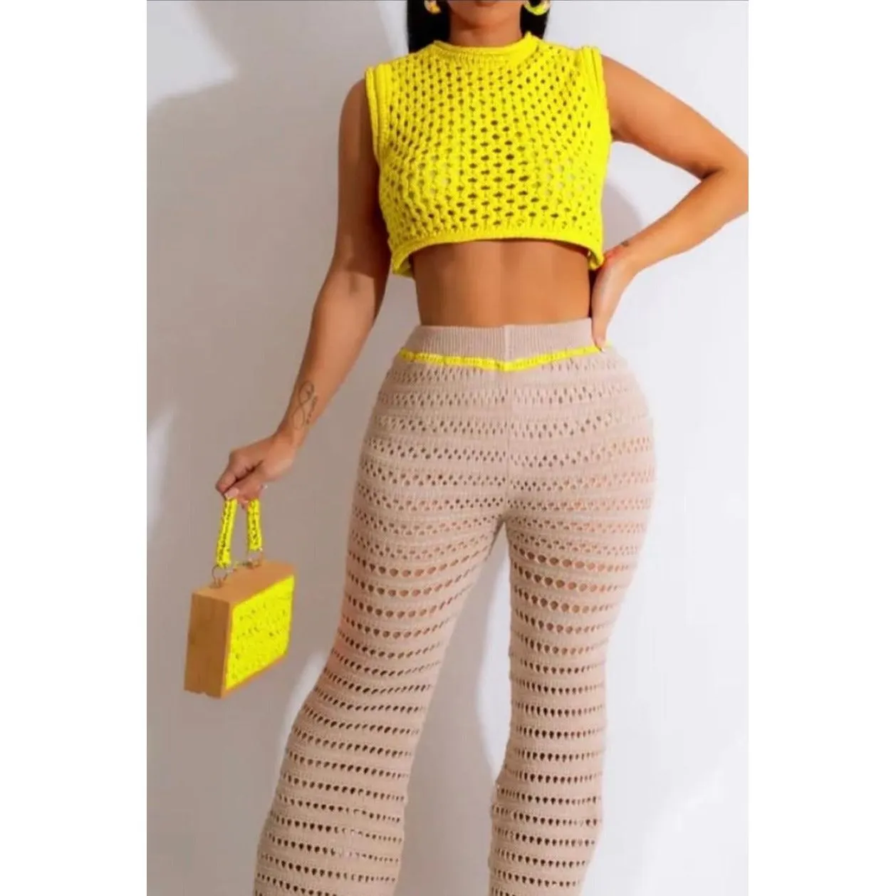 Sexy Knitted Crop Top and Pant Set