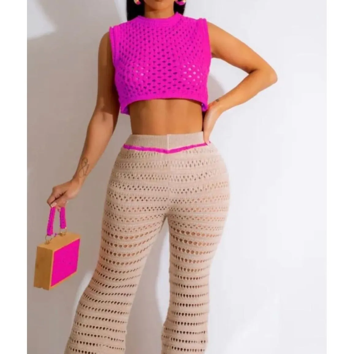 Sexy Knitted Crop Top and Pant Set