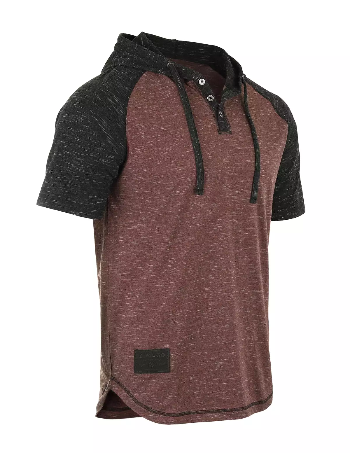 Short Sleeve Raglan Henley Hoodie Round Bottom Semi Longline T-Shirt