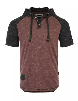 Short Sleeve Raglan Henley Hoodie Round Bottom Semi Longline T-Shirt