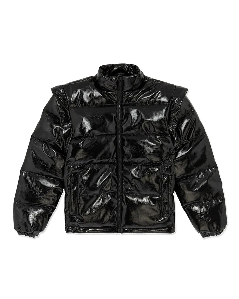 Snap Off Sleeve Shiny Faux Leather Puffer Jacket | Black