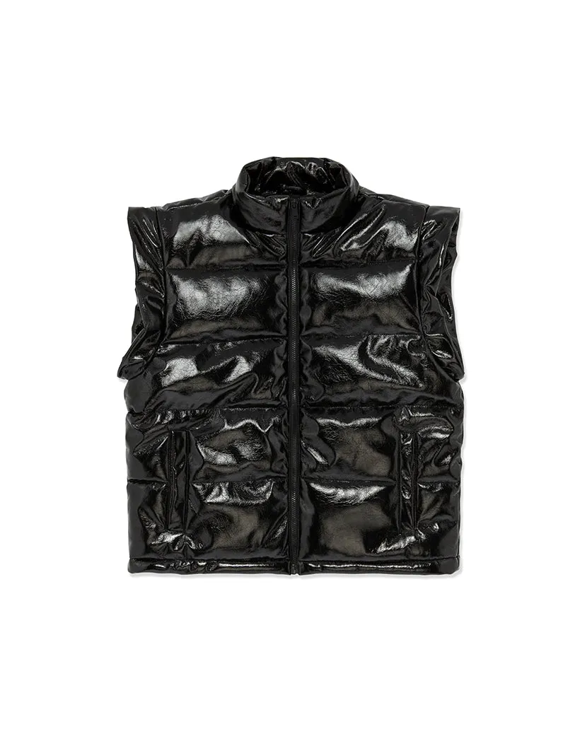 Snap Off Sleeve Shiny Faux Leather Puffer Jacket | Black