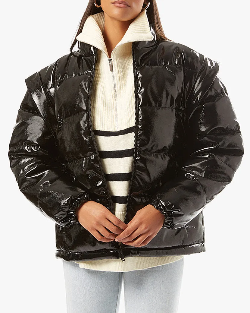 Snap Off Sleeve Shiny Faux Leather Puffer Jacket | Black