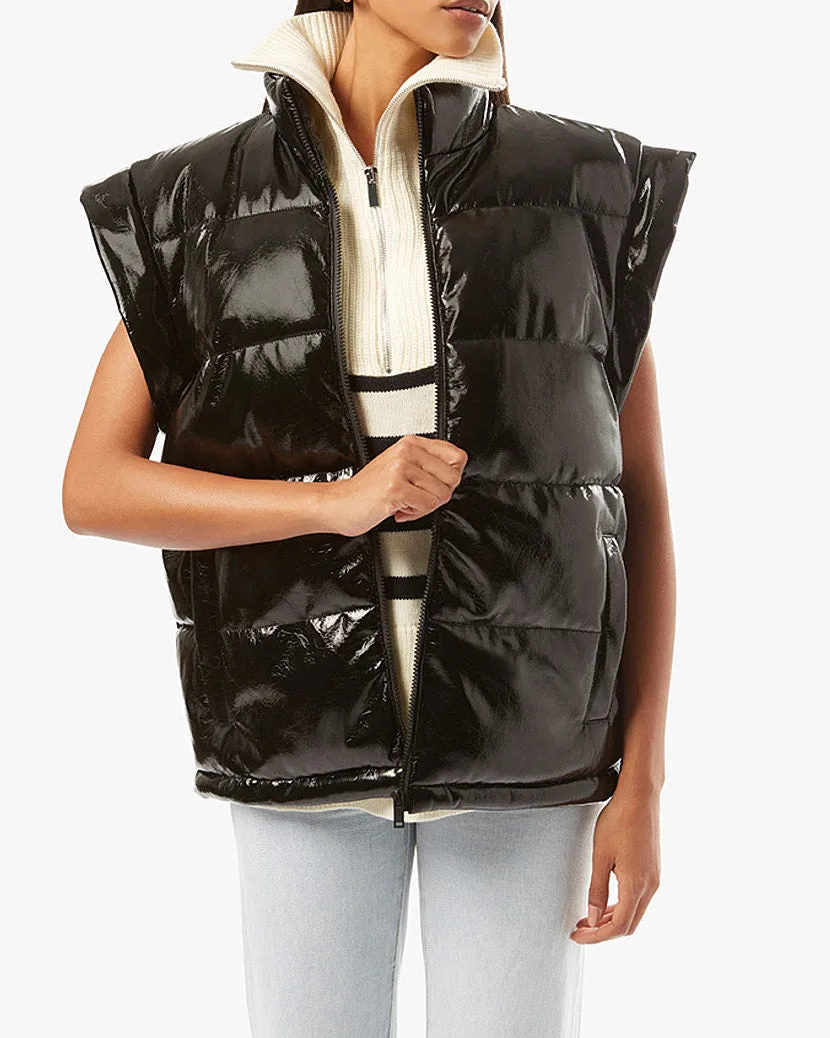 Snap Off Sleeve Shiny Faux Leather Puffer Jacket | Black