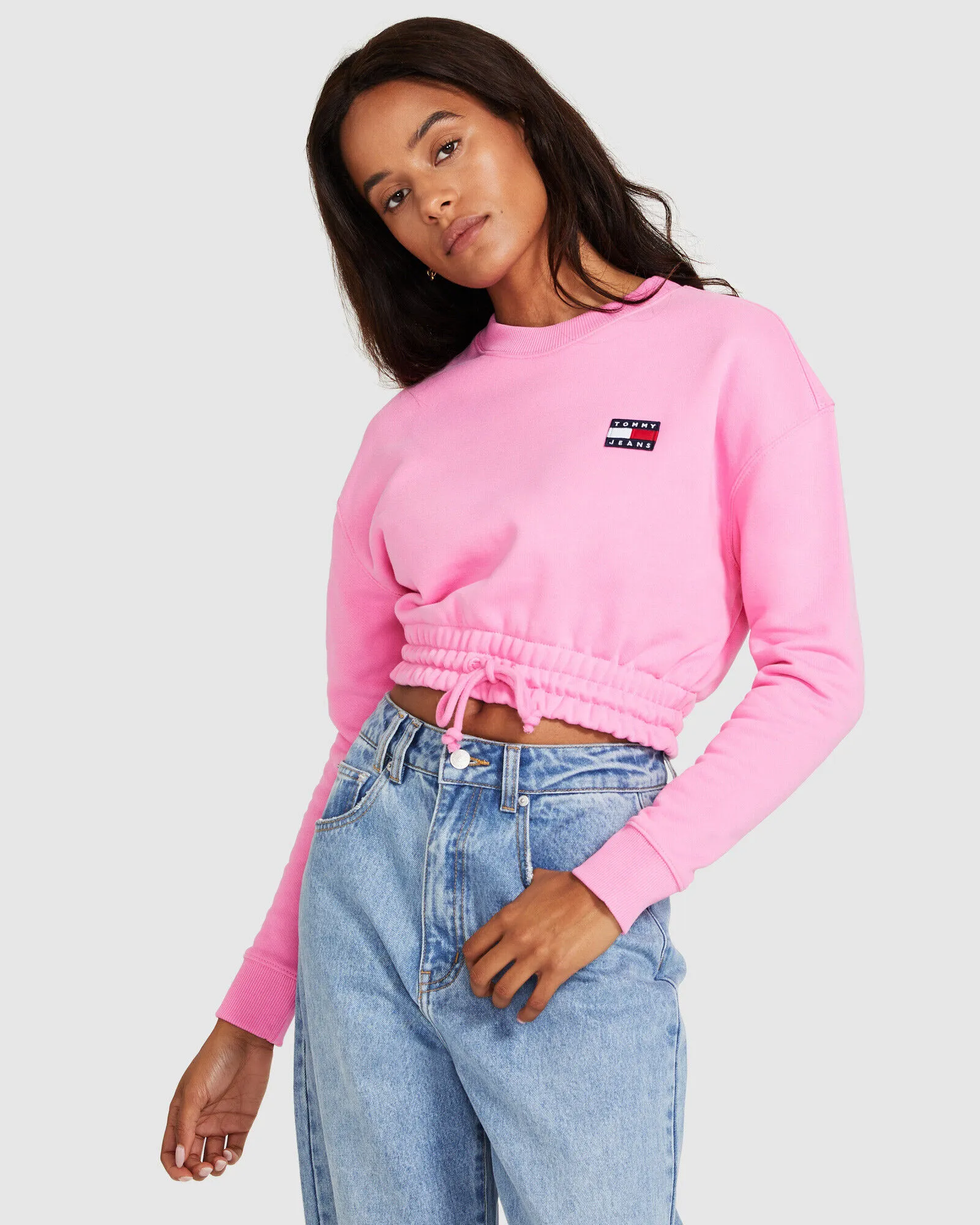 Tommy Jeans TJW Super Cropped Badge Crew Jumper Pink Daisy