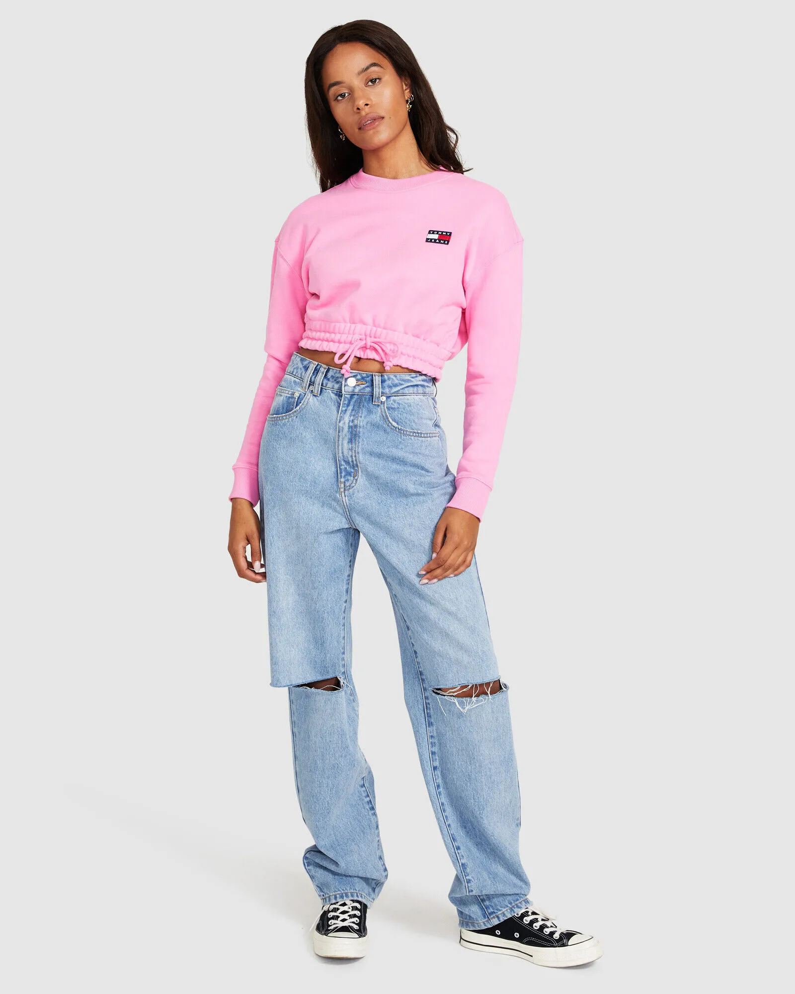 Tommy Jeans TJW Super Cropped Badge Crew Jumper Pink Daisy