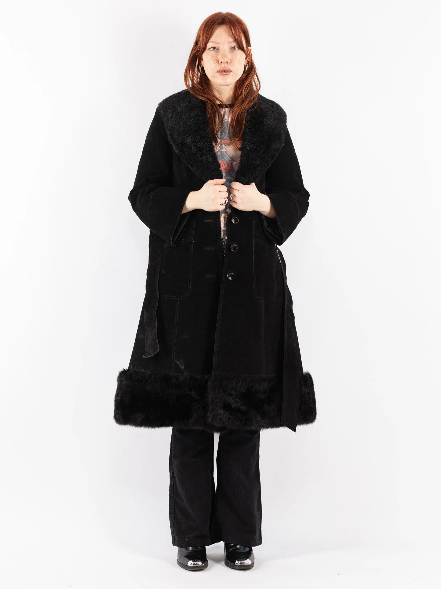 Vintage 70's Women Belted Suede Coat in Black