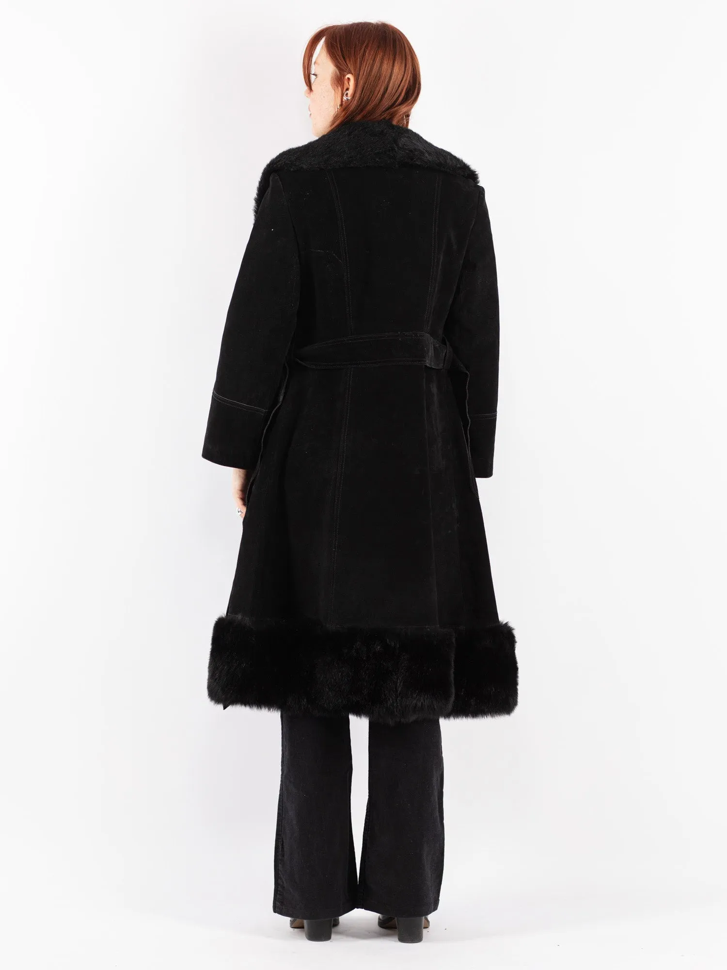 Vintage 70's Women Belted Suede Coat in Black