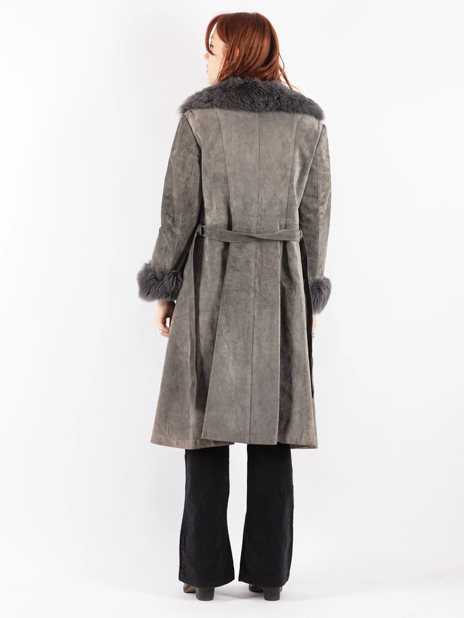 Vintage 70's Women Belted Suede Coat in Gray