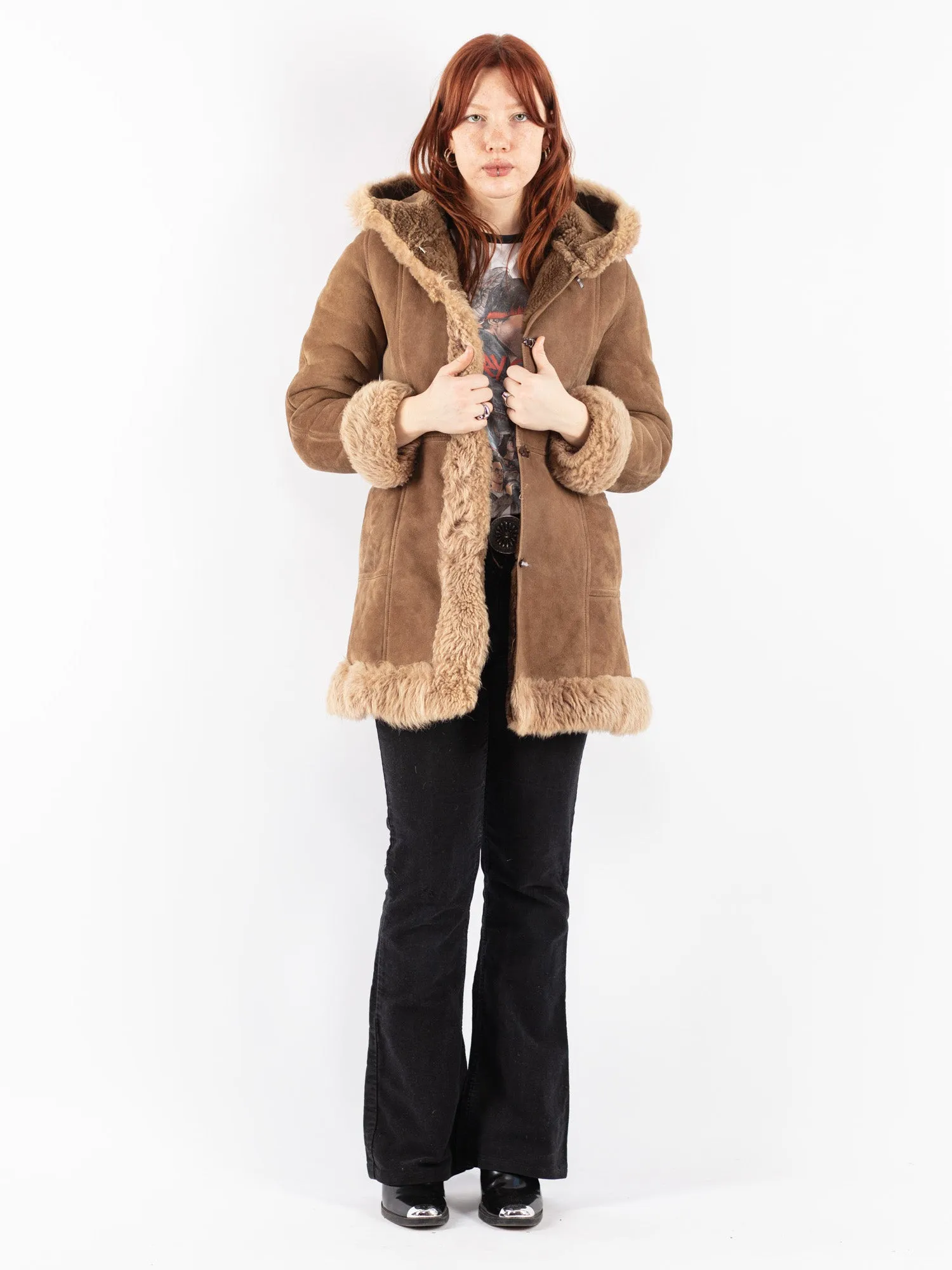 Vintage 70's Women Hooded Sheepskin Coat in Beige