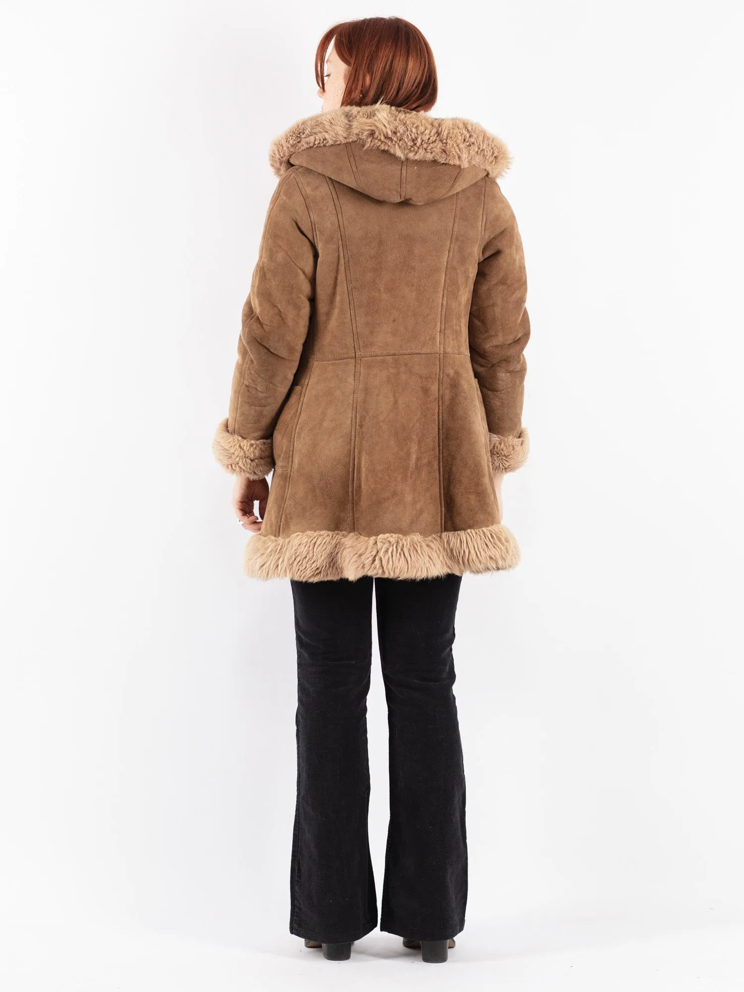 Vintage 70's Women Hooded Sheepskin Coat in Beige