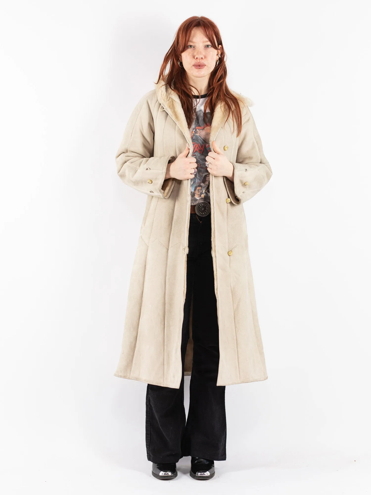 Vintage 70's Women Hooded Sheepskin Long Coat in Beige