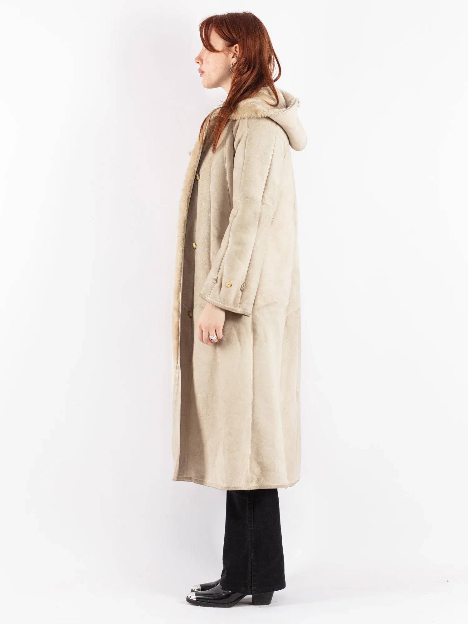 Vintage 70's Women Hooded Sheepskin Long Coat in Beige