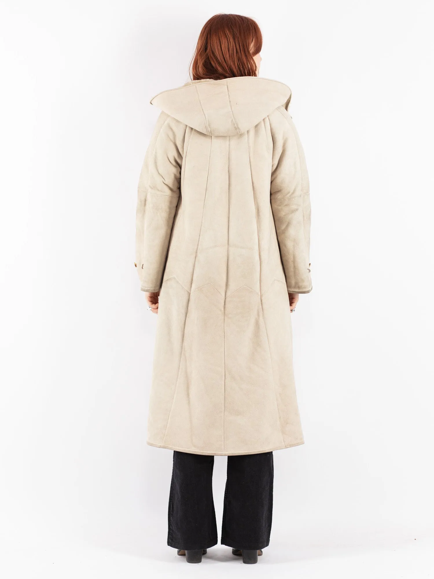 Vintage 70's Women Hooded Sheepskin Long Coat in Beige