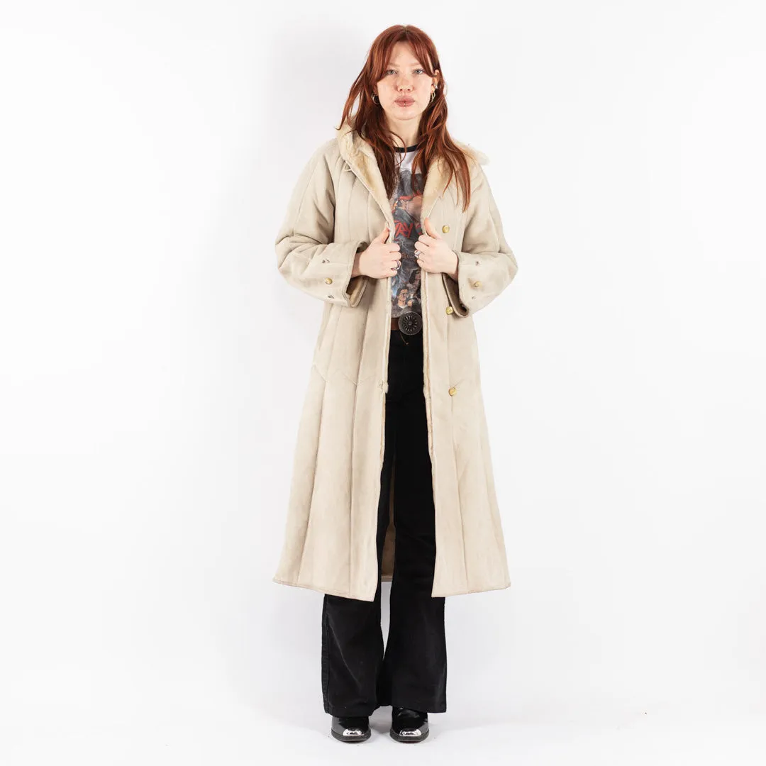 Vintage 70's Women Hooded Sheepskin Long Coat in Beige