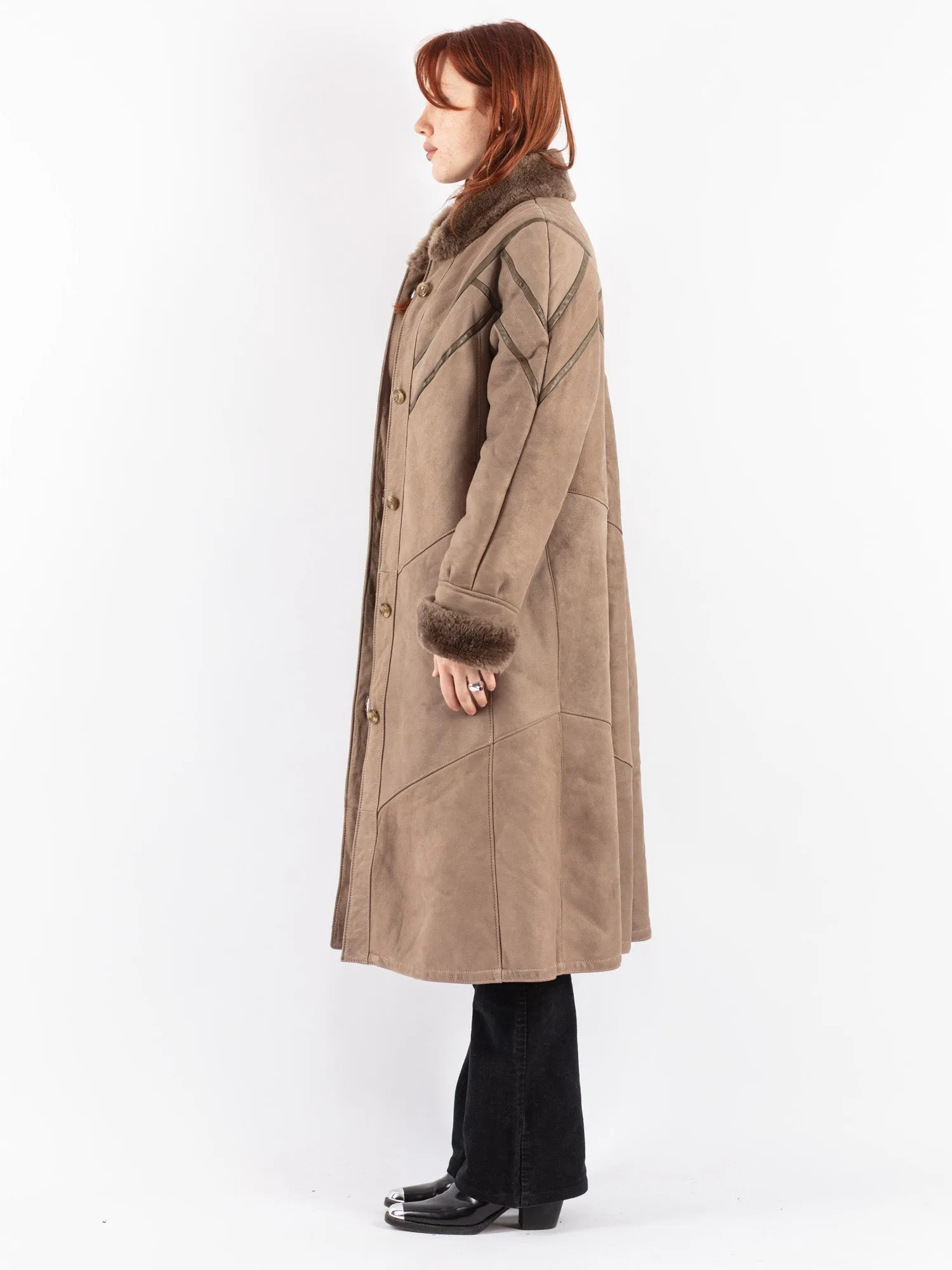 Vintage 70's Women Sheepskin Long Coat in Beige