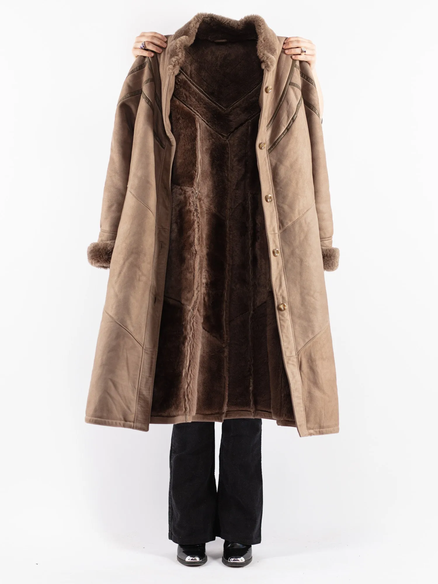 Vintage 70's Women Sheepskin Long Coat in Beige