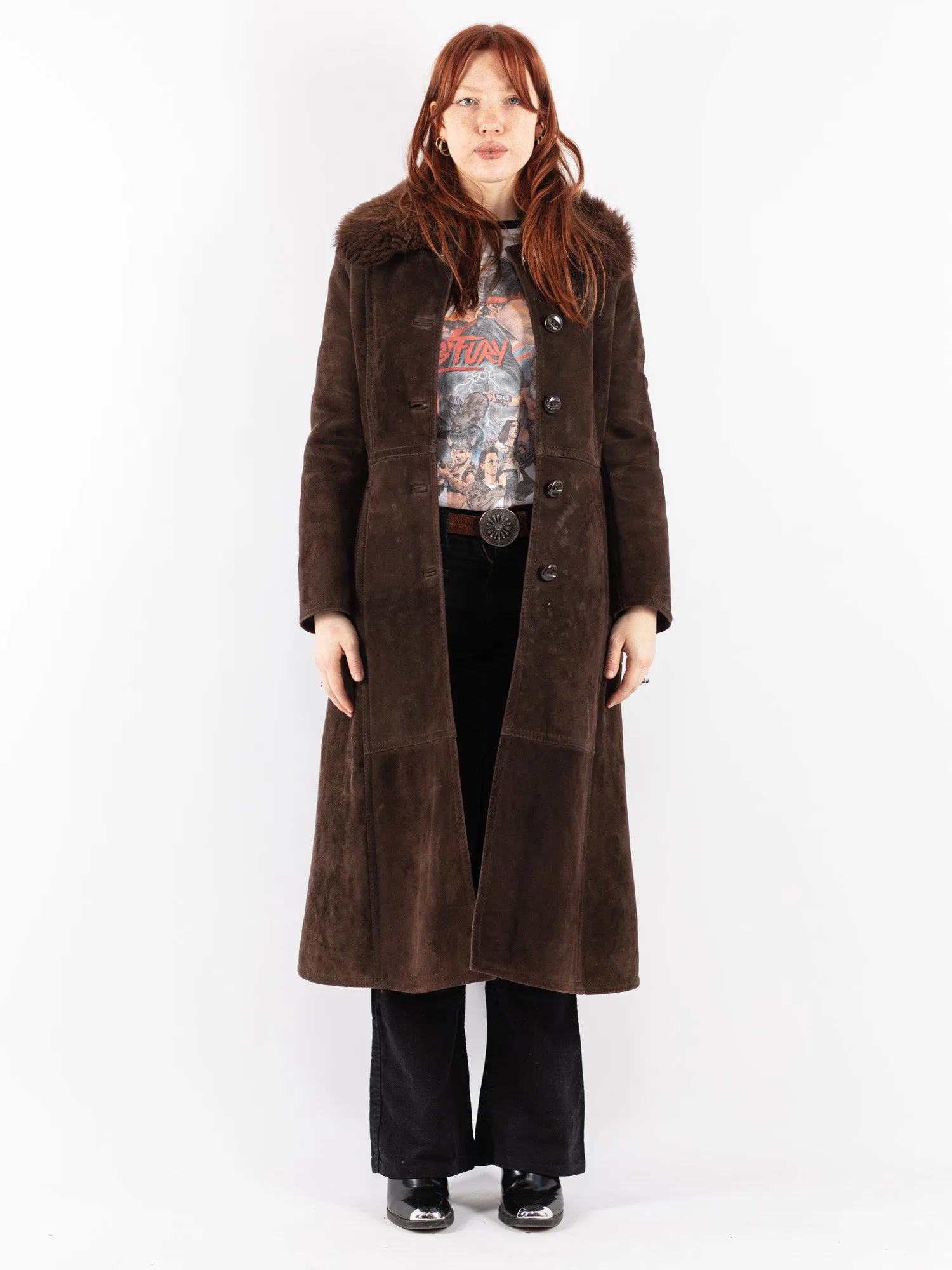 Vintage 70's Women Sheepskin Long Coat in Brown