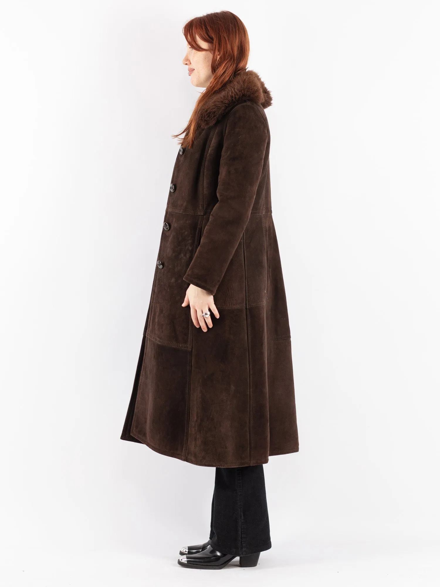 Vintage 70's Women Sheepskin Long Coat in Brown