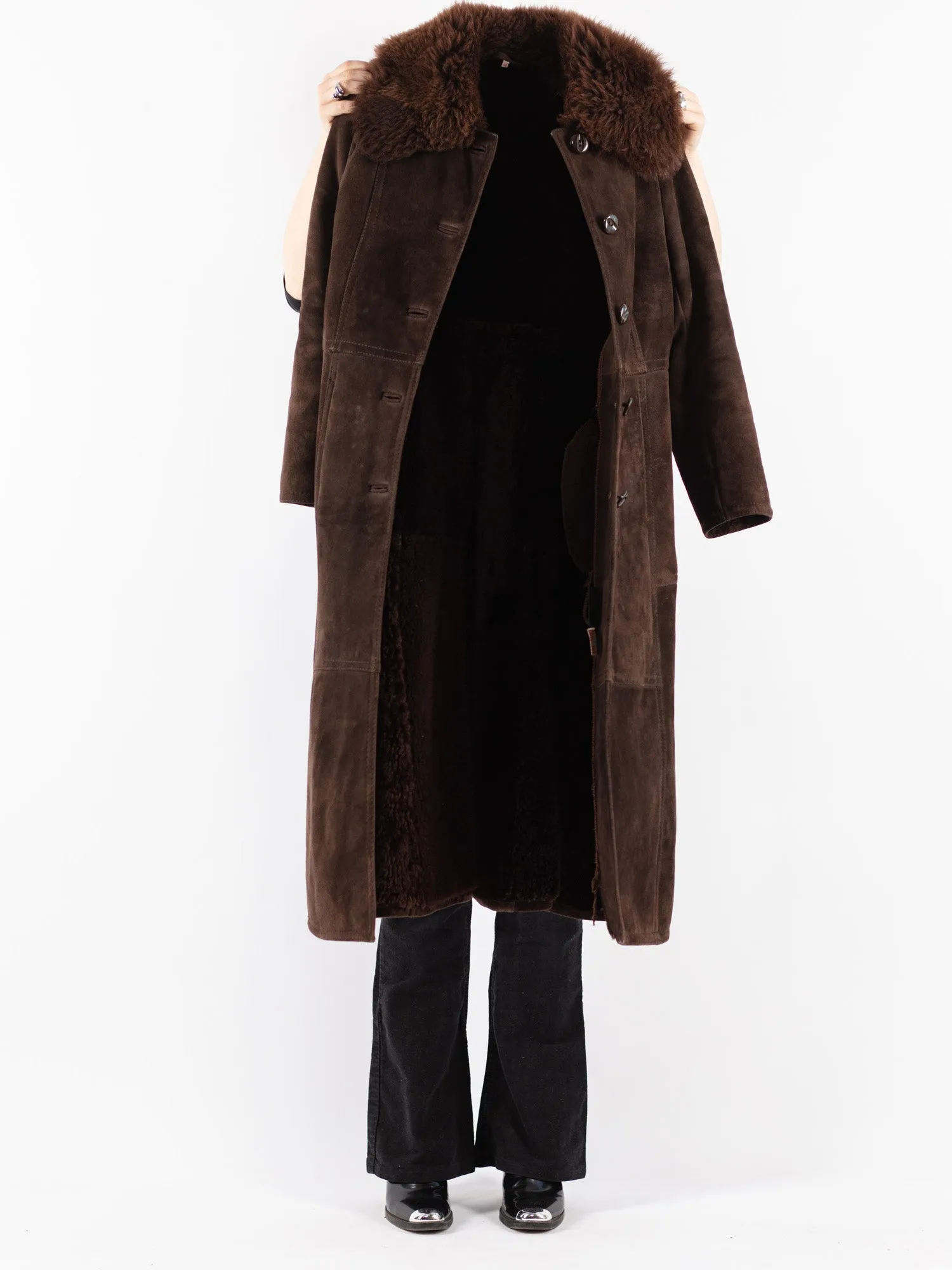 Vintage 70's Women Sheepskin Long Coat in Brown