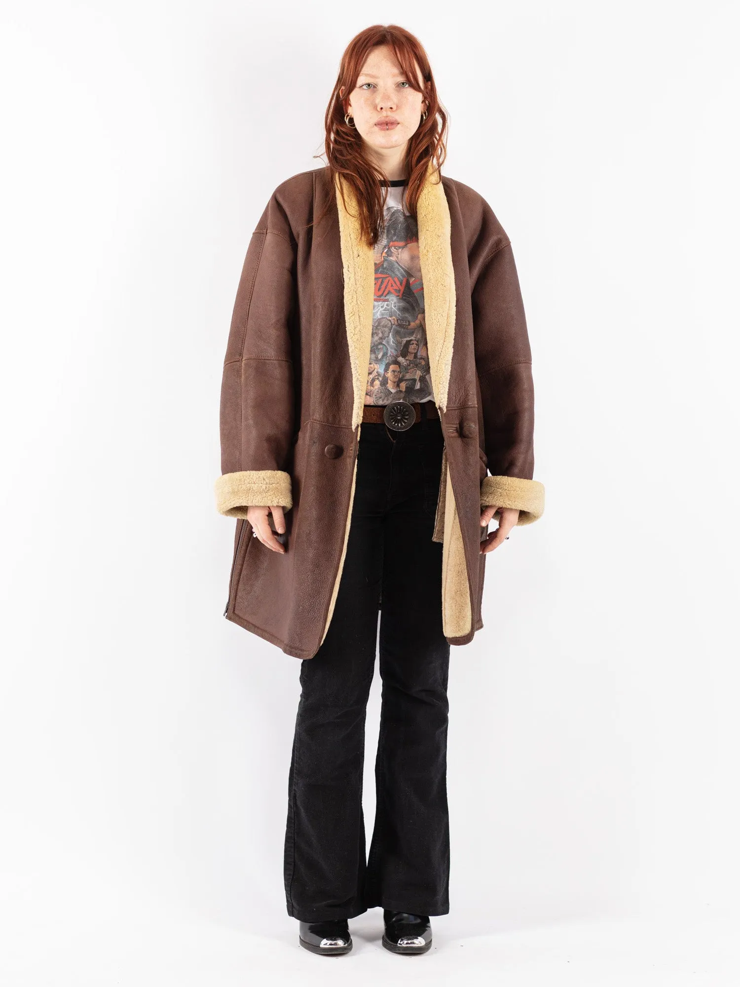 Vintage 80's Women Oversized Sheepskin Coat in Brown