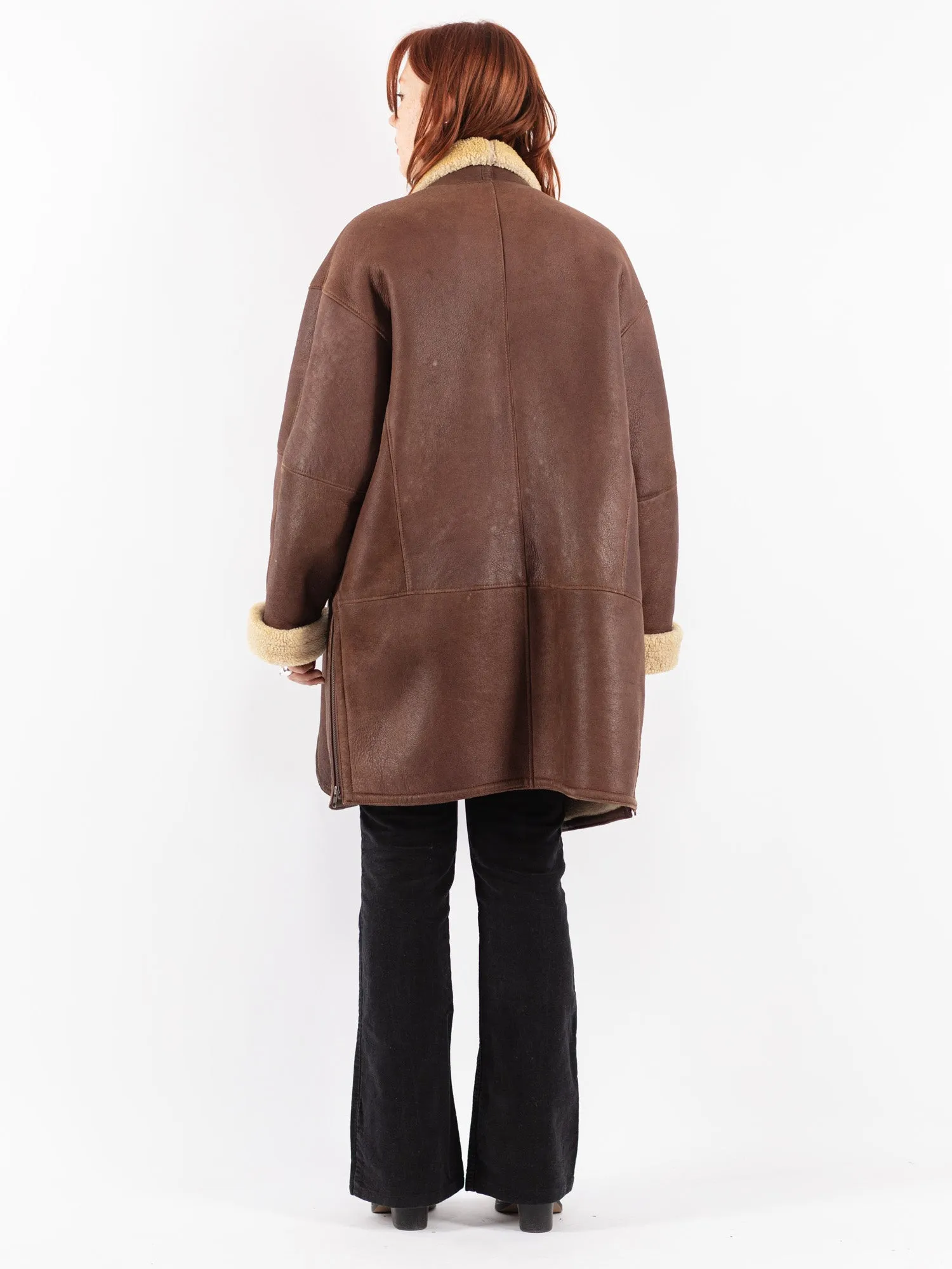 Vintage 80's Women Oversized Sheepskin Coat in Brown