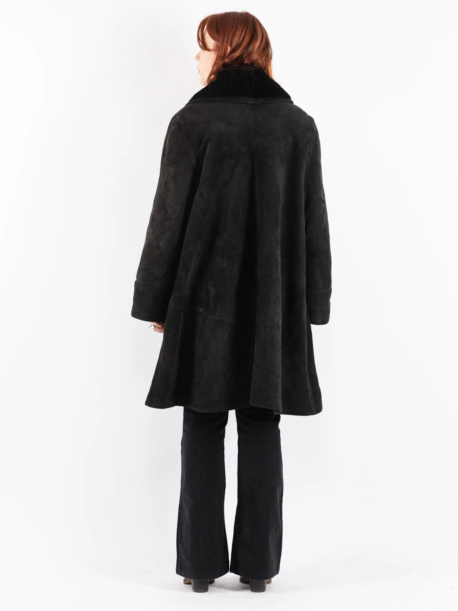 Vintage 80's Women Sheepskin Shearling Coat in Black