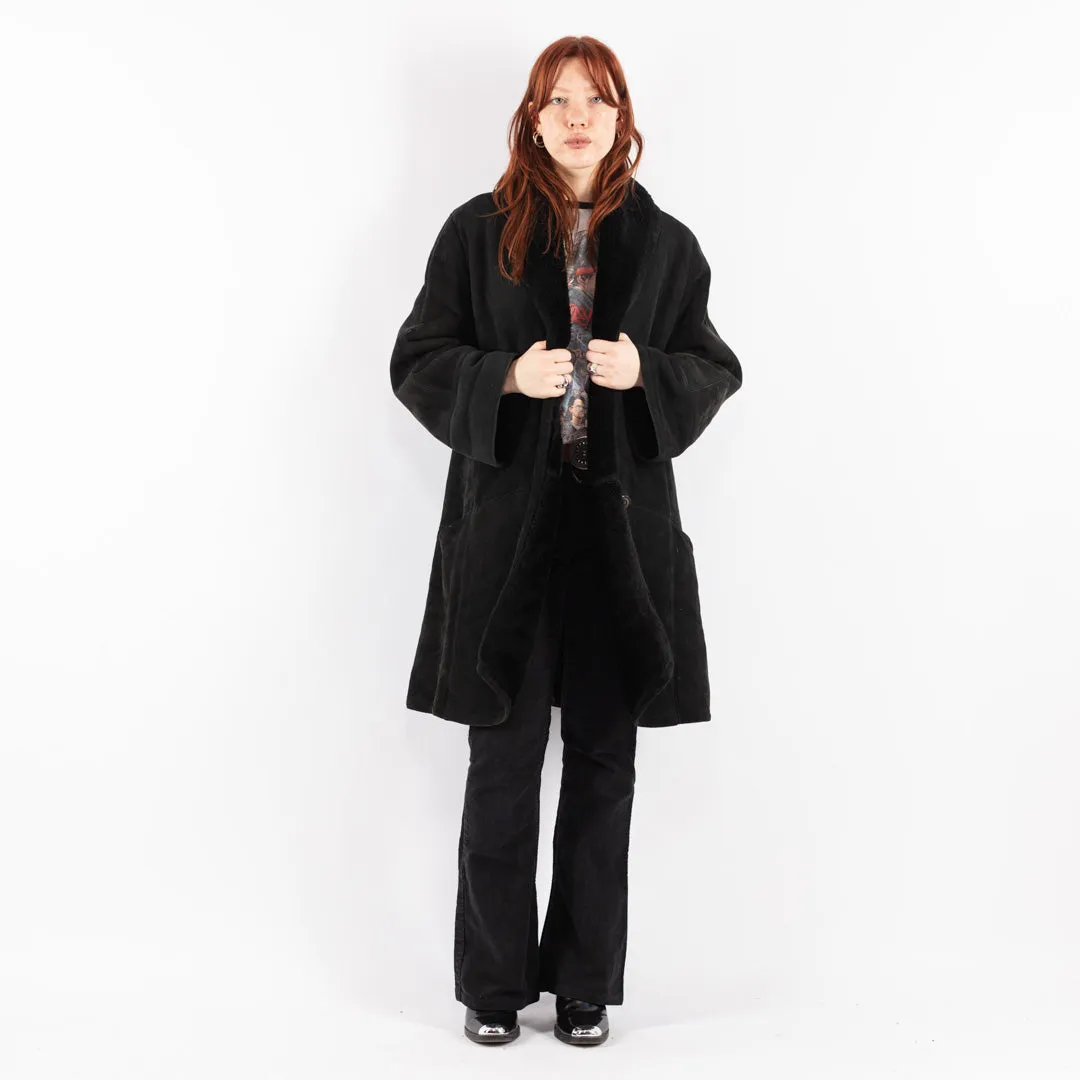 Vintage 80's Women Sheepskin Shearling Coat in Black