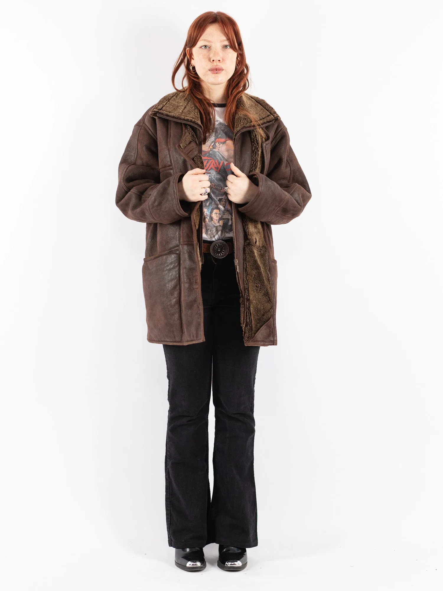 Vintage 80's Women Sheepskin Shearling Coat in Brown